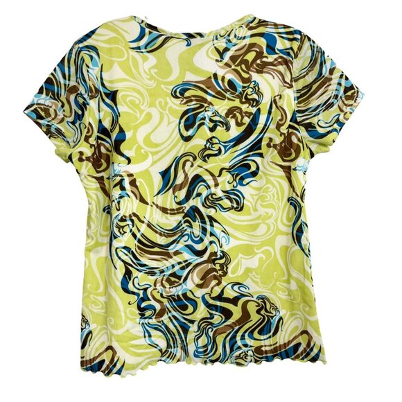 Vintage Y2K Funky Print Mesh Lettuce Hem Short Sleeve Top - Size Small - Picture 2 of 7